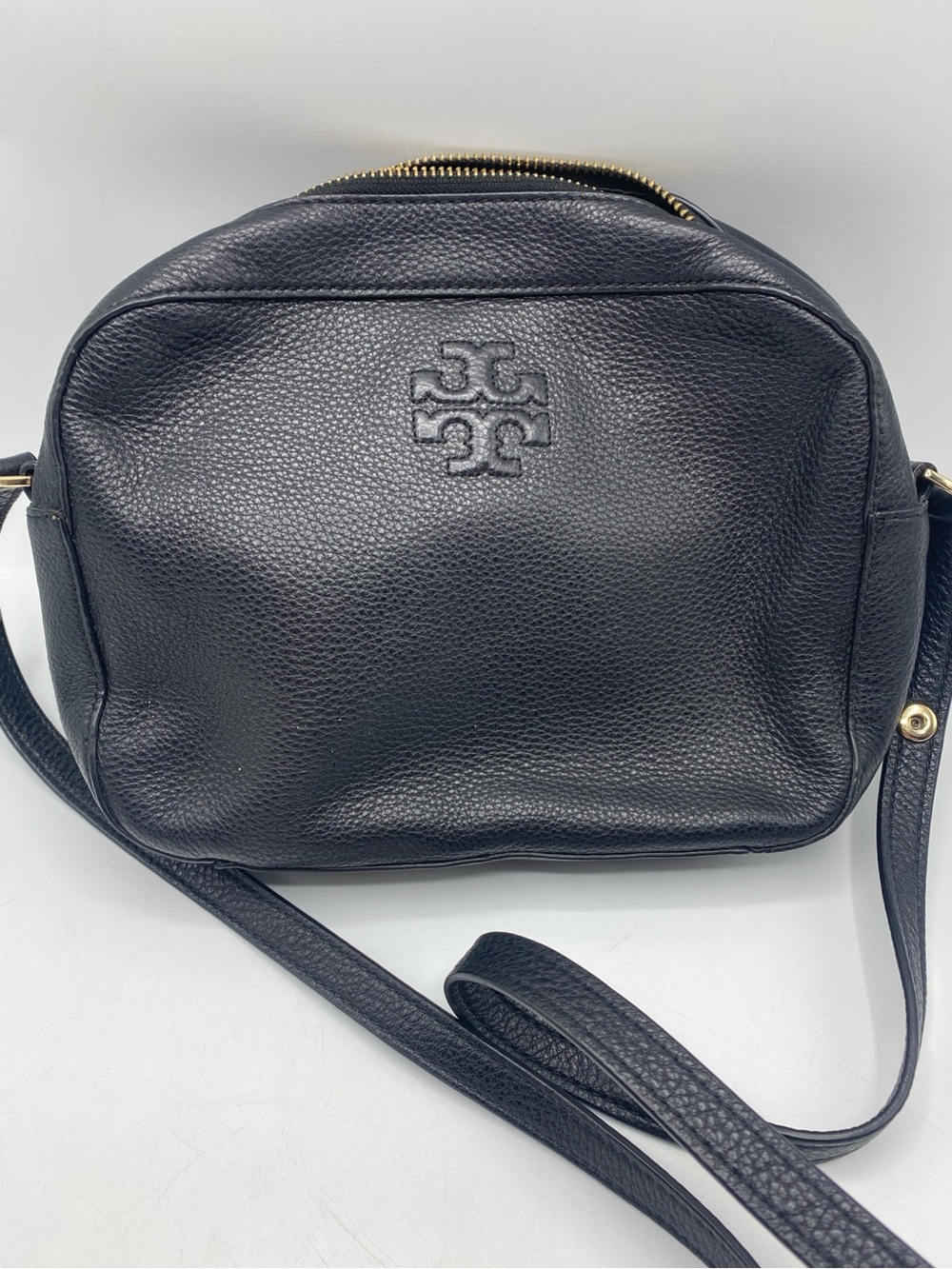 Tory Burch Crossbody Camera Bag Pebble Leather Bag Black Embossed Double T Logo
